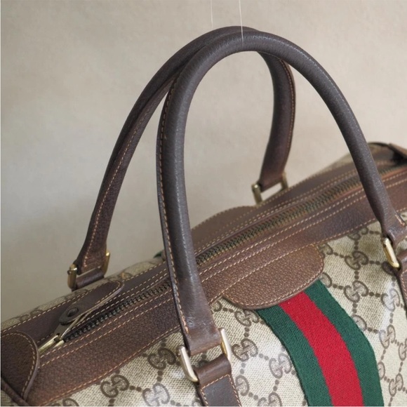 Gucci Beige and Brown Duffel Bag with Red and Green Stripe - Picture 3 of 10